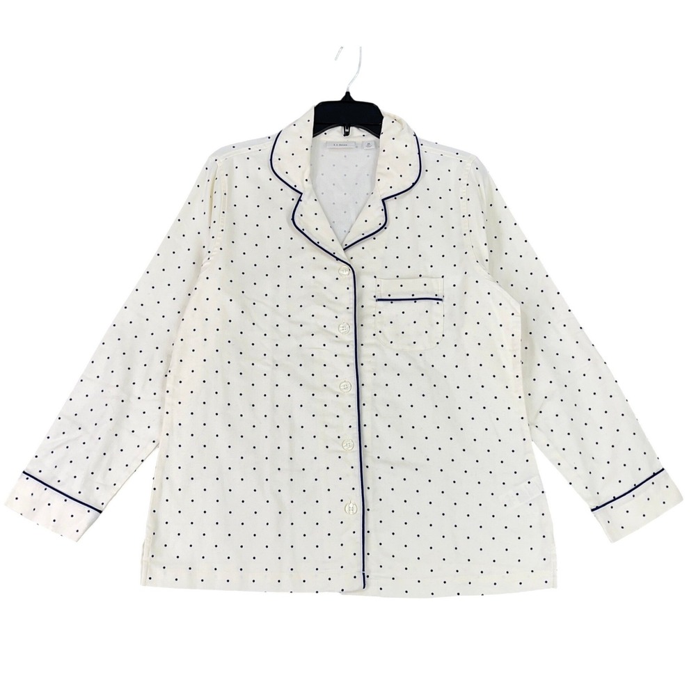 LL Bean Polka Dot Pajama Top Sleepwear Button Front‎ Long Sleeve Cream M Womens